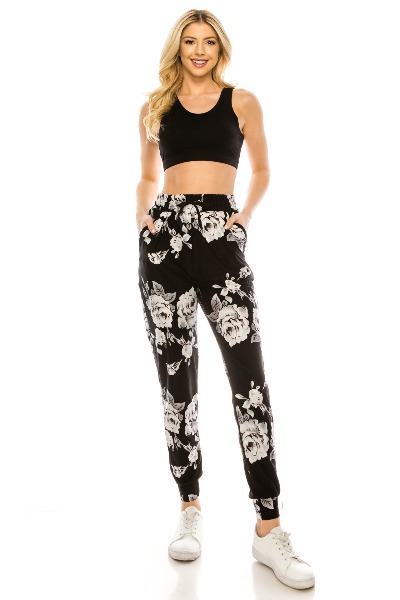 Lean Joggers Black and White Roses With Pockets